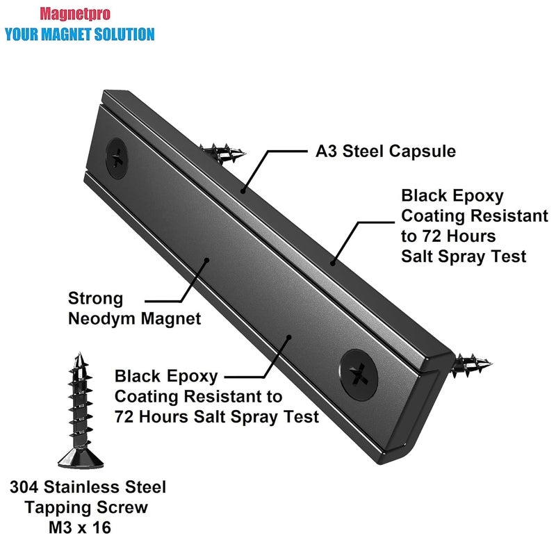 Magnetpro Rectangular Magnets 80 LBS Force Size 2.36" x 0.53" x 0.20" Black Epoxy Coating Rust Resistance, Suitable for Outdoor Area, Household and Industrial Pot Magnet with Screws Pack of 8 - Image 2